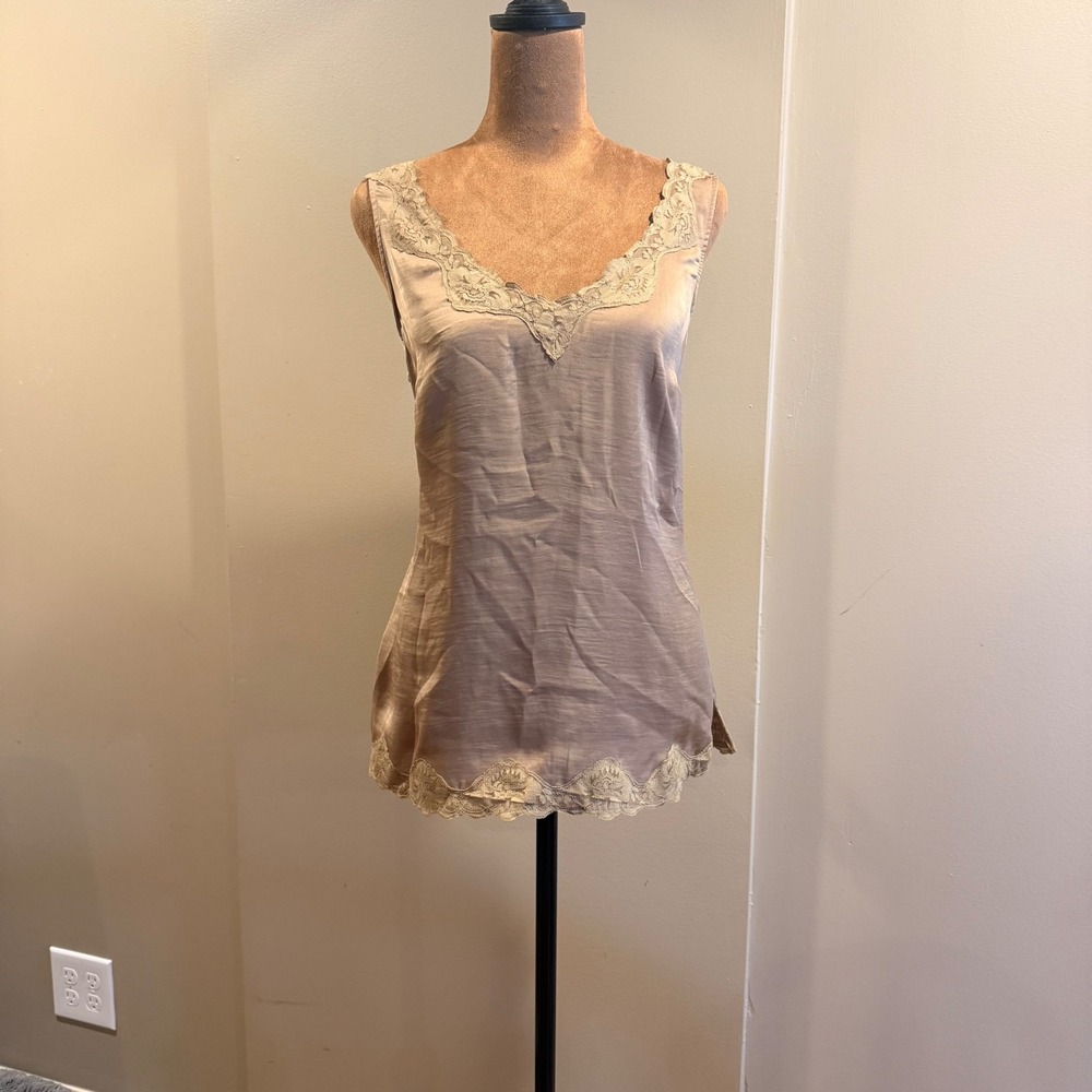 New York & Co Silky Tank Top Women M Brown Lace Trim V-Neck Coquette Romantic